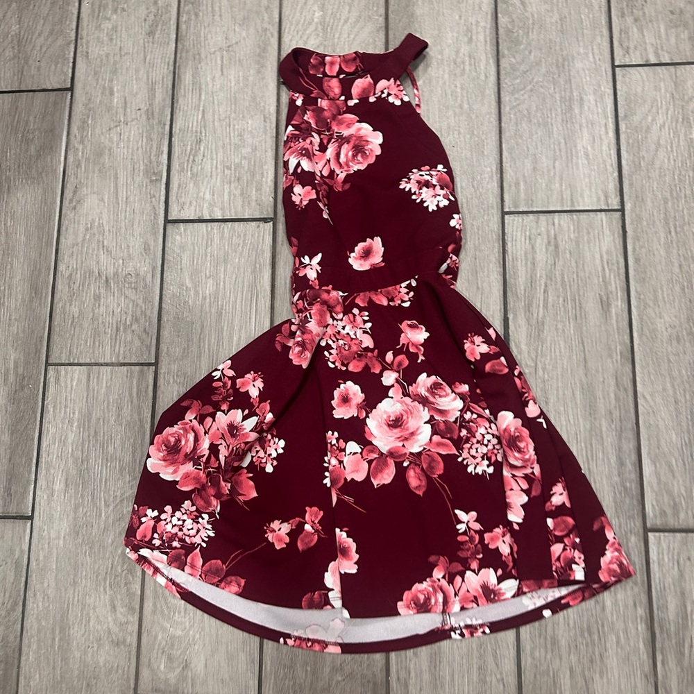 Burgundy and pink floral print dress #floraldress